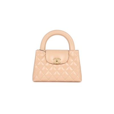 CHANEL KELLY SHOPPER BEIGE SHINY AGED CALFSKIN BRUSHED GOLD HARDWARE AS4416 (19*13*7cm)
